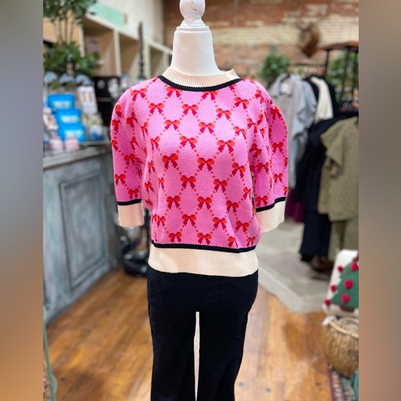 THML Sweaters - THML Pink and Red Bow Pattern Short Sleeve Sweater